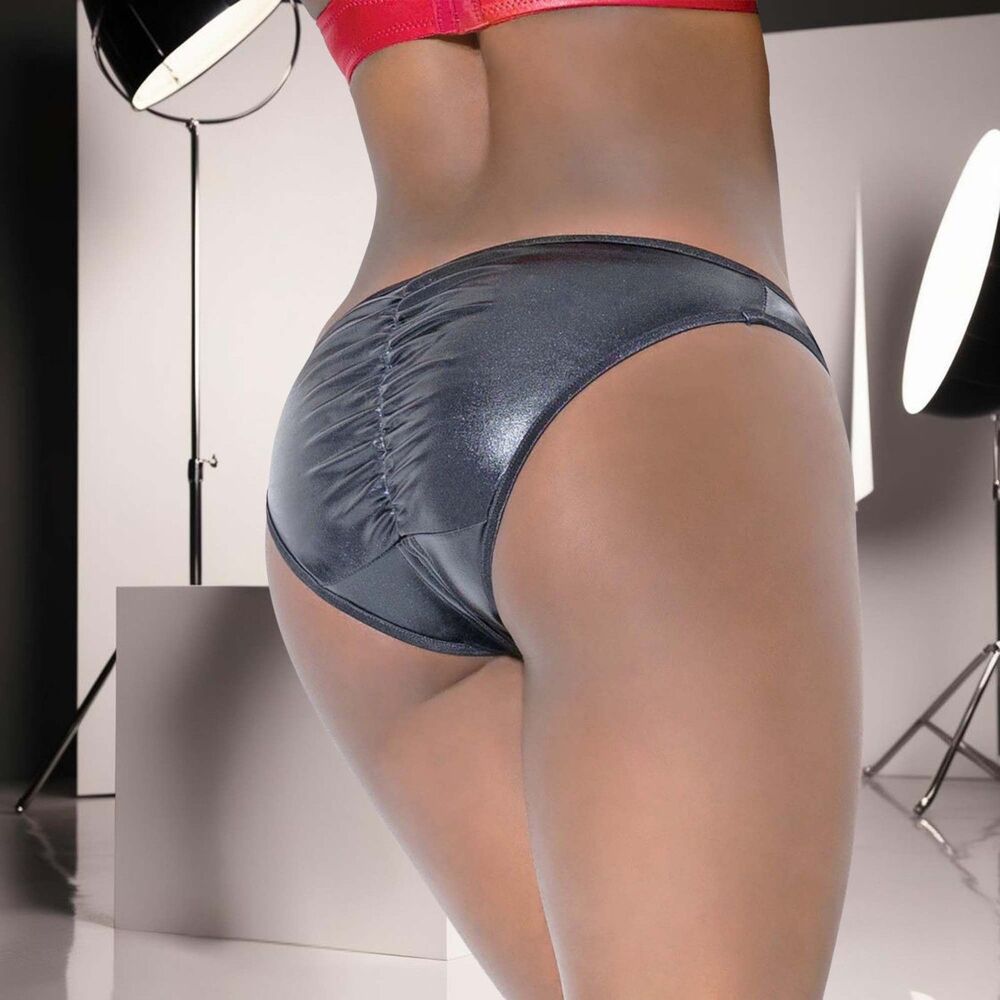 Coquette Black Wet Look Crotchless Panty Ruched Back Bow Lingerie Womens OS